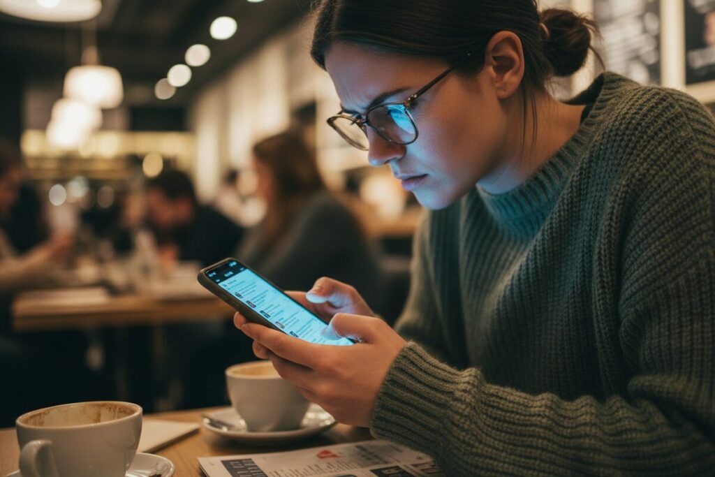 Женщина напряженно читает информацию в телефоне